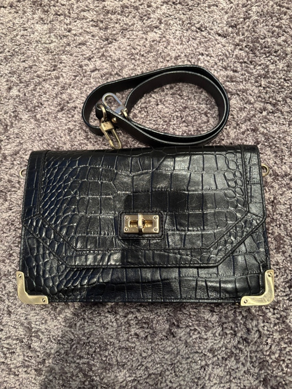 Banana Republic Black Croc-Embossed Crossbody with Gold Hardware